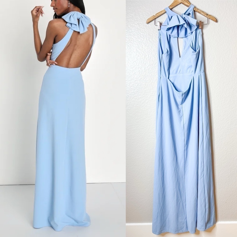 Striking Elegance Light Blue Bow Backless Halter Maxi Dress - Picture 2 of 6